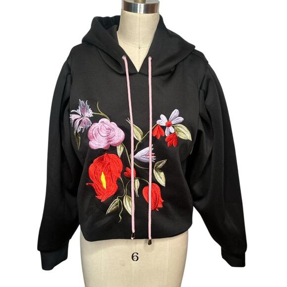 Alberto Makali Black Floral Embroidery Scuba Hoodie Sweatshirt Size M - Picture 2 of 8
